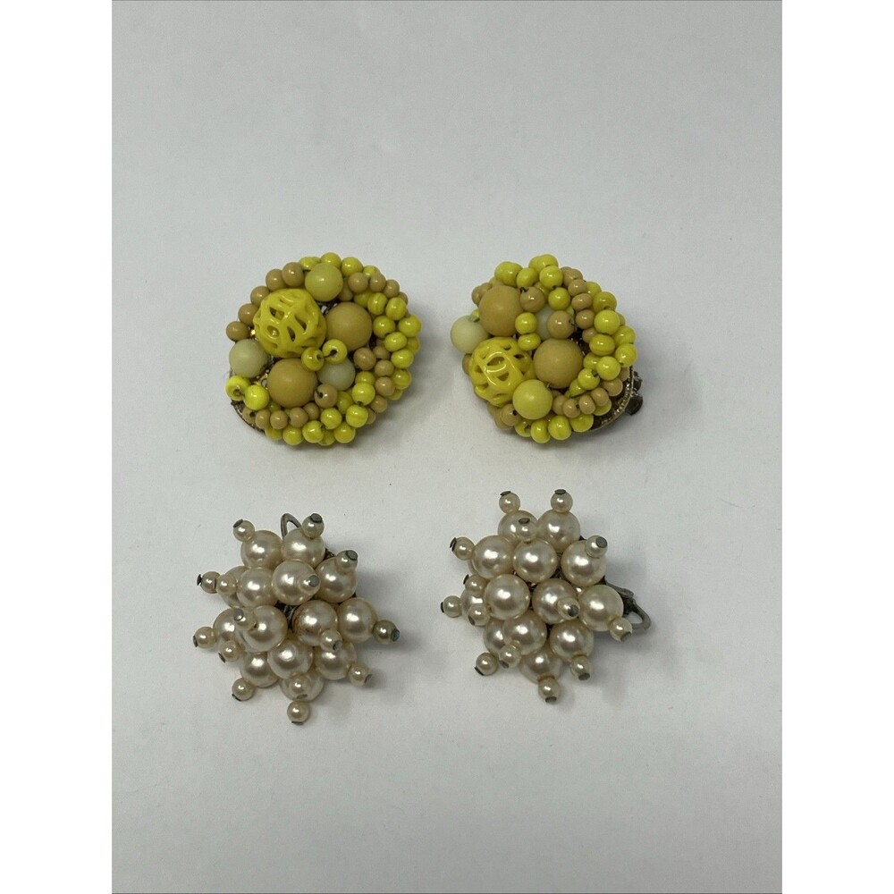 2 Clip On Earrings VTG  Bead Cluster 1" Yellow Japan & Faux Pearl Unmarked